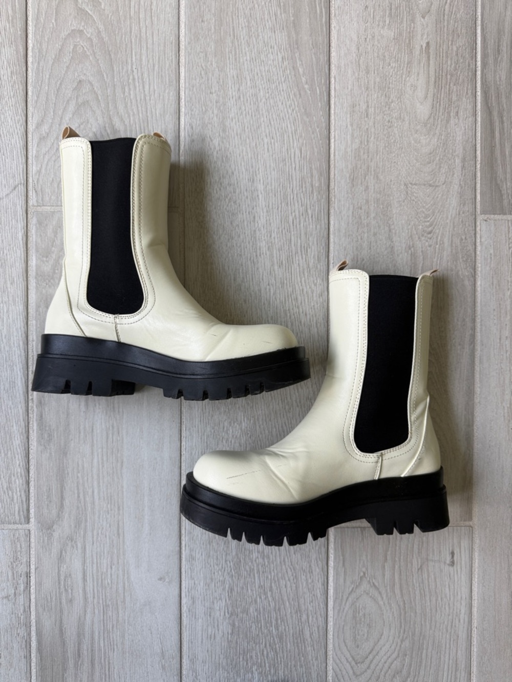 Cream Chelsea Lug Boots with Black Elastic Panels